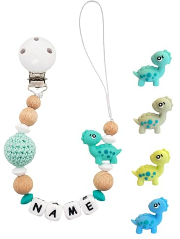 Individuell gestaltetes Babygeschenk personalisiertes Schnullerkette mit Namen für Mädchen oder Junge Baby Geschenk personalisiert zur Geburt & Taufe (Dino)
