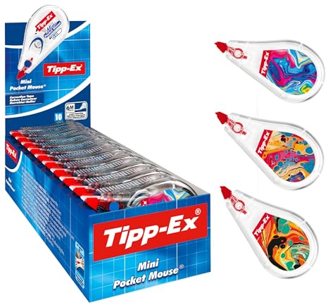 Tipp-Ex, Mini Pocket Mouse, Bianchetto a Nastro con Decorazioni Assortite ad Asciugatura Rapida, Correttori 6m x 5mm, BIC, 10 Unità