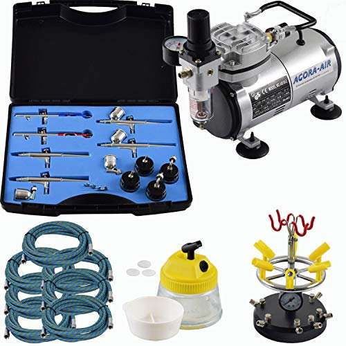 Agora-Tec® Airbrush Komplett-Set EXPERT XXV.1, Komplettsystem für Airbrushanwendungen, inkl. Kompressor mit 4 bar und 20l/min + 6 Airbrushpistolen mit 4 versch. Nadeln/Düsen + 8-fach Pistolenhalter + Clean Pot + 7 Schläuche
