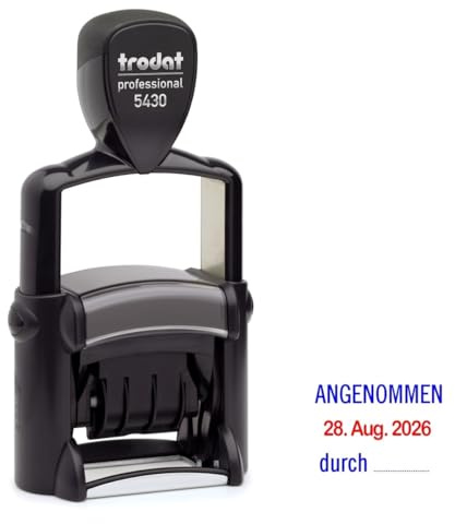 Trodat Professional Dater 5430 Datumstempel mit 2farbigem Kissen blau/rot + Wunschtext, Stempeltext:A N G E N O M M E N