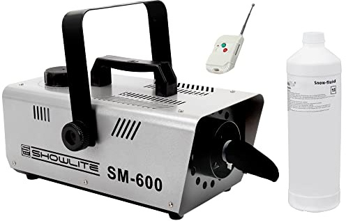 Komplettset Showlite SM-600 Schneemaschine 600W inkl. Fernbedienung + 1 L | Diskotheken oder Partykeller, Ausstoßweite: ca. 3, Leistung: 600 Watt, Keine Aufwärmzeit, Tankinhalt: 1 l, 5 x 19 x 14 cm