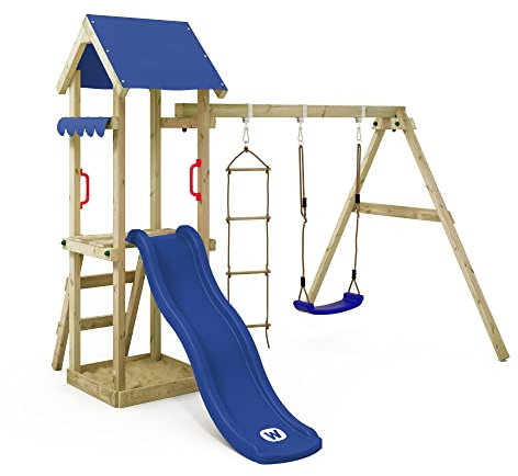 WICKEY Spielturm Klettergerüst TinyCabin mit Schaukel & Blauer Rutsche, Outdoor Kinder Kletterturm mit Sandkasten, Leiter & Spiel-Zubehör für den Garten