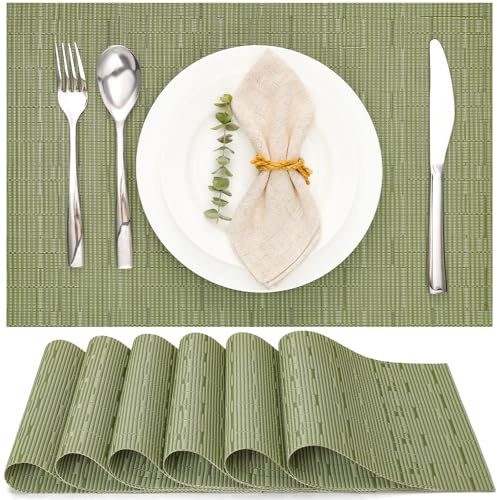 Myir JUN Table Mats Set of 6, Place Mats Table Placemats Washable Non-slip Heat Insulation Woven Vinyl for Kitchen Dinning Restaurant 17X12 (Green)