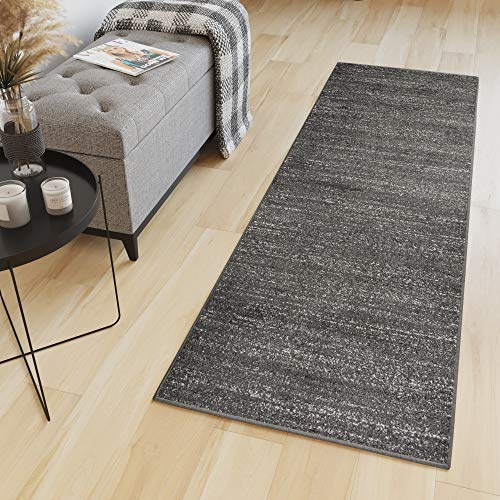 TAPISO Sari Teppich Läufer Flur Schwarz Meterware Kurzflor Küche Wohnzimmer Schlafzimmer Küchenläufer Korridor Brücke nach Maß ÖKOTEX 60 x 250 cm
