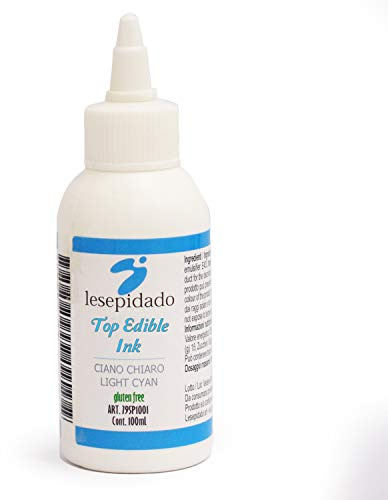 Inchiostro alimentare 100ml Ciano Chiaro per stampanti Epson. Prodotto per la stampa e decorazione di alimenti mediante tecnologia ink-jet. Senza glutine. Riempire la cartuccia ricaricabile.