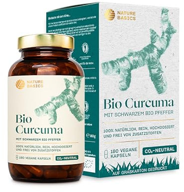 Nature Basics® BIO Curcuma Kapseln mit schwarzem Pfeffer | zertifiziert & nachhaltig im Glas | BIO Kurkuma Kapseln 4575mg / 228mg Curcumin & 15mg Piperin | vegan, laborgeprüft, aus DE & CO2-neutral