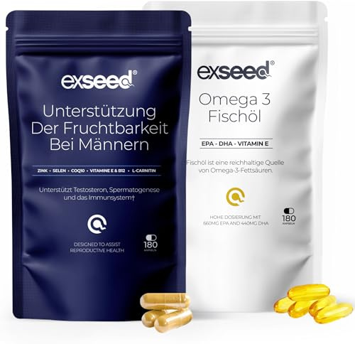 ExSeed Health Fruchtbarkeits Kombipräparat für Männer - Omega-3 & Multivitamine - 3-Monatspackung mit fruchtbarkeitsfördernden Nährstoffen zur Unterstützung der männlichen Gesundheit & Vitalität