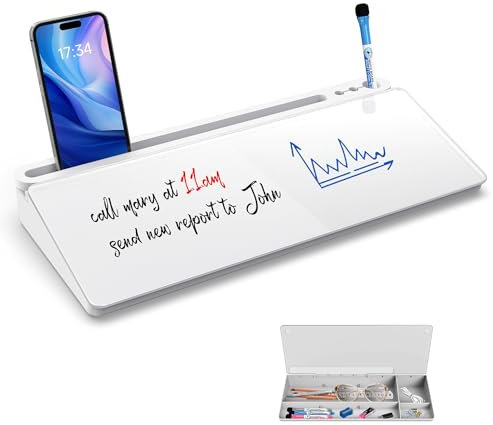 Sliandtelly Desk Glass Whiteboard with Storage | 40 x 18 cm Dry Erase Board & White Base | 3 Marker Pens | Desktop Writing Board for Quick Note Replace Sticky-Note, Organizer for Home Office Accessory