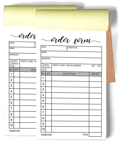 2 Packs 50-set Order Form Pad, Carbon Duplicate Copy Sales Receipt Form, Invoice Booklet for Stores, warehouses, offices, and restaurants, 3.4x5.5 Handheld, 2-Part Carbonless-White/Yellow.