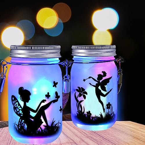 HIQE-FL Lámparas Solares Colgantes Impermeable, 2 Piezas Tarro De Albañil Hada, Lámparas De Cristal, Farolillos De Exteriores, Farol Led Exterior (B)