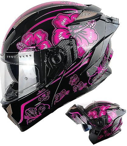 1Storm Motorcycle Modular Full Face Helmet DOT Adults Street Bike Flip up Dual Visor Sun Inner Shield Anti Fog Pinlock Ready Shield: Flower Purple