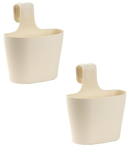 Engelland 2 x Blumentopf zum Auf-Hängen, Geländertopf, Beige, Hängetopf, Balkon-Kasten, oval, Übertopf, Pflanzkasten, mit Wasserspeicher/Wasserauffangschale, 2,8 Liter