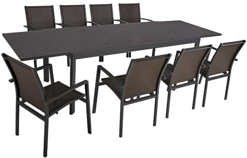 Lomadox Garten Tischgruppe 9-TLG. in anthrazit mit Ausziehtisch und 8 Stapelstühlen