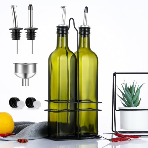 CCHONG Essig und Ölflaschen Set mit Ständer Ölflasche mit Ausgießer und Trichter Flaschen zum Befüllen Ölspender Dosierflasche Olivenöl Flasche Oil Dispenser Ölkanne für Küche und BBQ (Grün)
