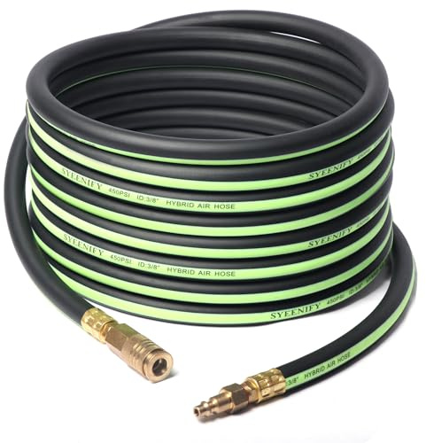SYEENIFY Air Hose 3/8 in x 50 ft, Thickened 5 Layers Heavy Duty, Kink Resistant, 450PSI Hybrid Air Compressor Hose All-Weather Flexibility with 1/4 Industrial High Flow Quick Brass Coupler and Plug