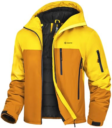 GEMYSE Uomo Giacca da Sci con Bretelle Interne Calda Invernale Giubbotto da Neve Impermeabile Giacca a Vento da Montagna per Snowboard Escursionismo(Giallo Dorato e Marrone Realgar,S)