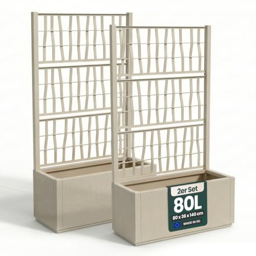 Kreher Rankgitter Spalier mit Pflanzkasten (Beige) | Robuster Kunststoff im XL-Format, integrierte Rankhilfe für Kletterpflanzen, Maße 80 x 36 x 140 cm, 2er Set, UV-beständig