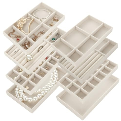 LOPYXBR 8 Stück Schmucktablett, Beige Schmuck Organizer Schublade Schmuckaufbewahrung Schublade, Stapelbar Schmuckaufbewahrung Schmuckeinsatz für Schubladen Armband, Ohrring, Ring, Halskette
