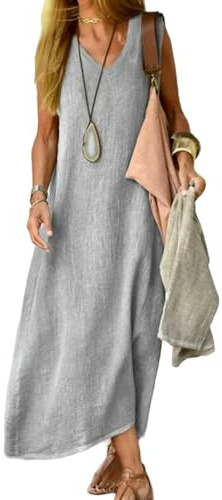 Vestidos de Verano 2024 para Mujer, Vestido Largo sin Mangas con Cuello en V, Vestidos de Playa de Color sólido, Vestido Informal Suelto de Lino y algodón (FR/ES, Letras, 3XL, Regular, Regular, Grey)