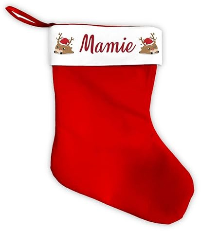 Chaussette/botte de Noël brodée - Cadeau original - Décoration - Avec prénom (Rouge renne)