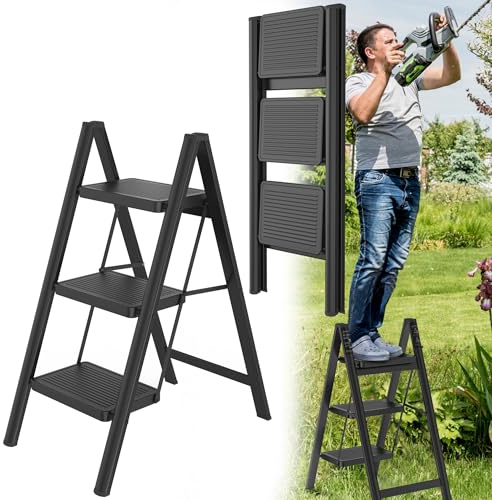 HENGMEI Alu Trittleiter 3-Stufen-Leiter Klappfunktion rutschfeste Stehleiter Treppenleiter Haushaltsleiter Anti-Rutsch-Pedal 150kg Belastbar