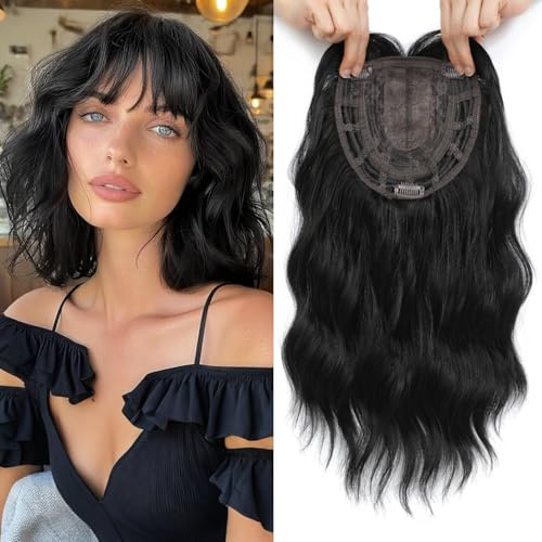 Nexyshe Haarteil 35,6 cm Welliges Haar, klebefreie schwarze Perücke für Frauen, 16,5 x 16,5 cm großes Haarteil für dünnes Haar