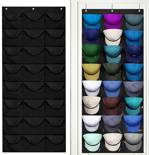 qimeyu Porta Berretto,Porta Cappelli da Baseball,Portas Cappelli da Armadio con 24 Tasche,Contiene 24 Cappellis,Organizer Cappellis Sulla Portas (Nero)