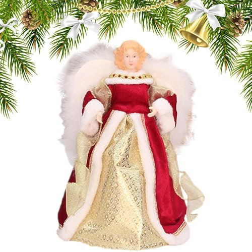 Julängel träddekoration – stående julängel med vita fjädervingar | 18 cm ängel trädtopp figur, julgransdekoration för födelsedag nyår