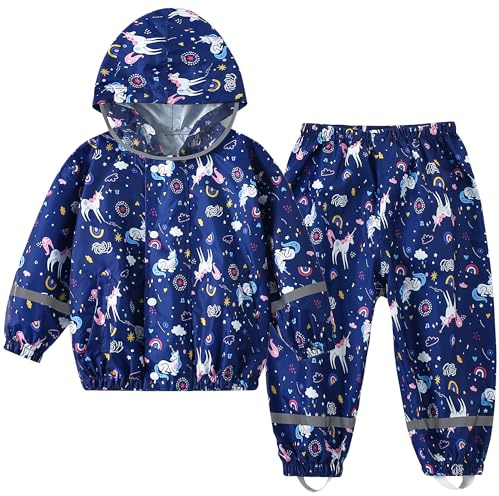 Combinaison Imperméables Enfant, Veste de Pluie + Pantalon Imperméable 2 pièces Ensembles, Filles Manteaux Imperméables Pantalon de Pluie Réutilisables Vêtements de Pluie, 2-3 Ans
