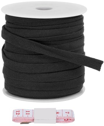 PATIKIL Cordón Plano De Cordoncillo 12mm x 22 Yd, Cuerda Plana De Reemplazo Cordoncillo Suave De Algodón Rollo De Cuerdas para Sudaderas con Regla para Pantalones Cortos Pantalones, Negro
