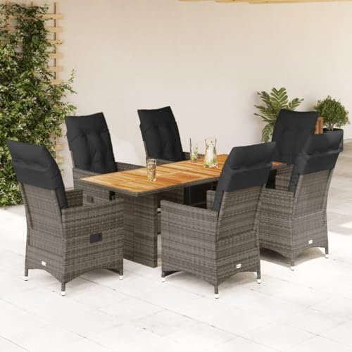 Gecheer Garten Bistroset 7-TLG.Balkonset mit Kissen, Gartenmöbel Tisch 6 Verstellbare Stühle, Balkonmöbel Sitzgruppe Gartengarnitur, Grau Poly Rattan