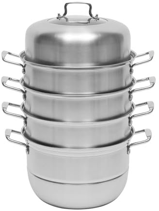 Casseruola a vapore da 32 cm, a cinque ripiani, in acciaio inox con coperchio in vetro, pentola a vapore a induzione per tutti i piani cottura, pentola a vapore Couscous, pentola per pentola a vapore