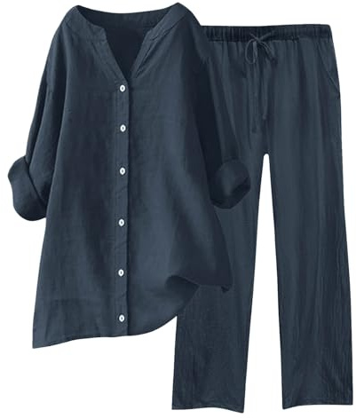 Damen Zweiteiler Musselin Bluse Hemd Und Lang Hose Aesthetic Lounge Set Strand Outfit Elegant V-Ausschnitt Two Piece Set Freizeit Streetwear Große Größe