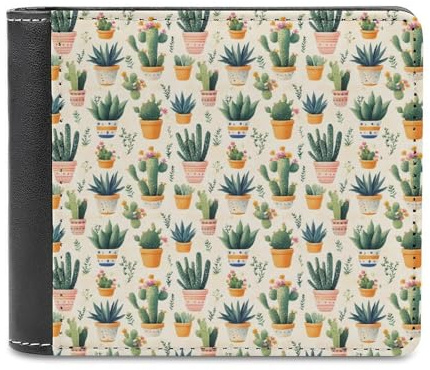Novastar Slim Wallet for Men Leather - Cactus Potted Print Small Thin Bifold Front Pocket Card Holder Wallet