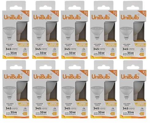 Unibulb GU5.3 MR16 3.4W (Replaces 35W), Energy Efficient LED Spotlight Downlight Ceiling Light Bulb, 345 Lumens, 3000K Warm White, 35W Equivalent, 12v, 25,000hr Lifespan, Non-Dimmable (10)