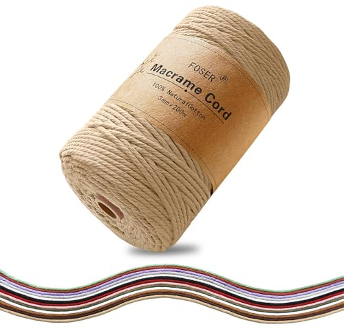 FOSER Premium Makramee Garn 3mm×200m, Baumwollgarn Baumwollkordel, für DIY Deko Handwerk Boho wanddeko (Hellbraun)
