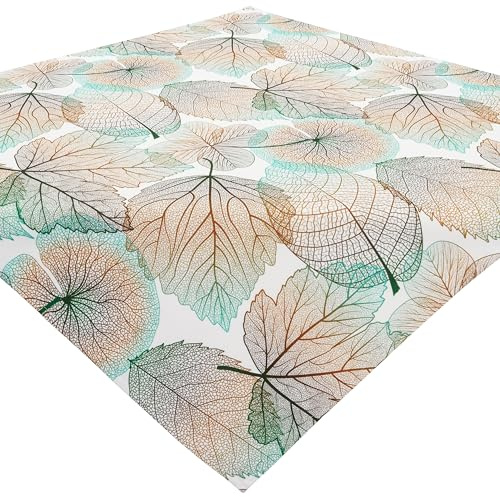 Tischdecke Bügelfrei Mitteldecke Herbstlich Tischwäsche Stoff Blätter Türkis Weiß Bunt Drucktischdecke Pflegeleicht Waschbar (110 x 110 cm (Quadratisch))
