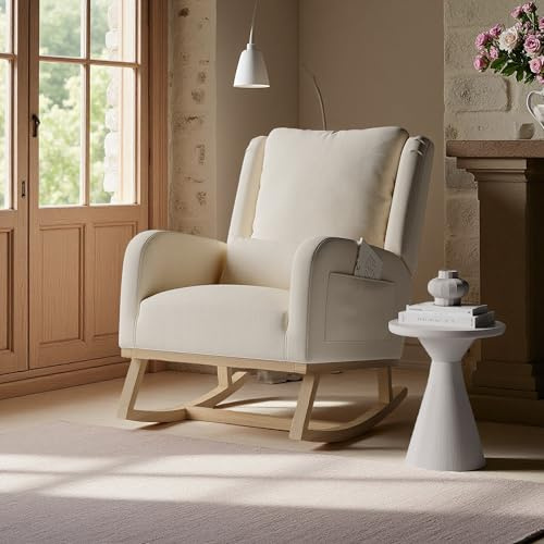 SUNFECILI Vadderad gungstol med högt ryggstöd för läsning, loungefåtölj med vadderad kudde, sidoficka och armstöd, stoppfåtölj för vardagsrum (beige + linne)