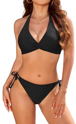 Nadeer Bikini Damen Set Push Up Bademode Zweiteiliger Sexy Knot V Ausschnitt Neckholder Low Waist mit Schnürung Badeanzug Swimsuit Sport