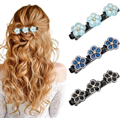 Zouwel Lot de 3 barrettes à cheveux tressées scintillantes avec strass en cristal, élégantes pinces à cheveux double couche, cadeaux étincelants pour femmes