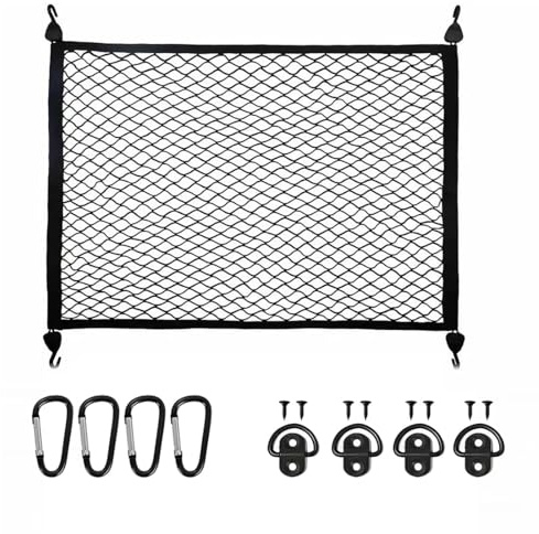 OPVYAEU Filet Coffre Voiture 70x50cm élastique, avec 4 crochets/mousquetons/anneaux, rangement auto pour chien et camping-car