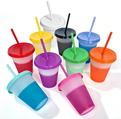 10 st. muggar med sugrör och lock, muggar med lock och sugrör 475 ml färgskiftande mugg mugg återanvändbar plastmugg smoothie Cup iskaffe mugg To Go resemugg återanvändbar