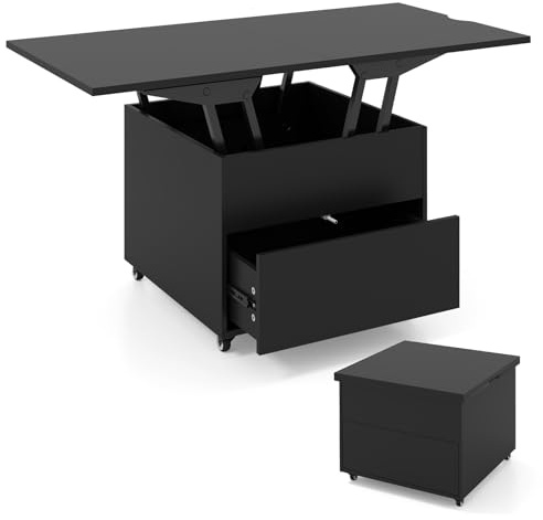 COSTWAY Couchtisch Höhenverstellbar, Wohnzimmertisch mit Schublade, Rollen & verstecktem Stauraum, 3-in-1 Kaffeetisch umwandelbar in Beistelltisch & Esstisch, Sofatisch 120 x 60 x 66 cm (Schwarz)