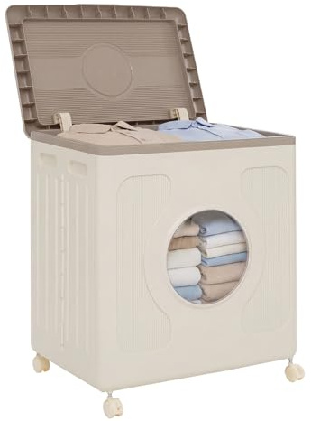 COSTWAY Laundry Basket on Wheels, 120L Rolling Laundry Hamper Sorter with Lid, Transparent Window & Built-in Handles, Plastic Dirty Clothes Cart Washing Bin Organizer (White + Grey)