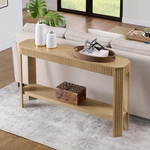Alaterre Furniture Fluted Solid Wood Console Table - 56 Inch Modern Entryway Table with Storage Shelf - Easy Assembly Living Room Furniture for Behind The Couch, Entryway, or Hallway (Light Oak)