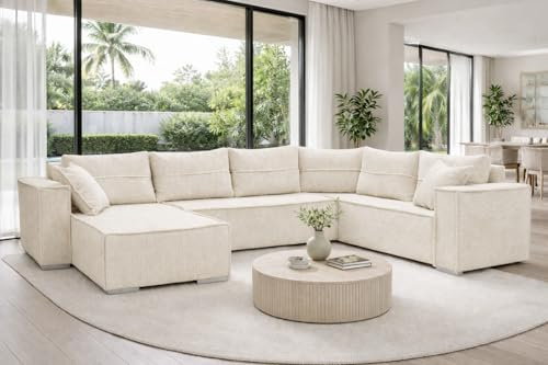 Generisch Ecksofa Couchgarnitur Wohnlandschaft im Cord-Stoff U-Form, 315x212x90cm, Sitztiefe 70cm, Sitzhöhe 41cm, mit Schlaffunktion und Bettkasten, inkl. Kissen