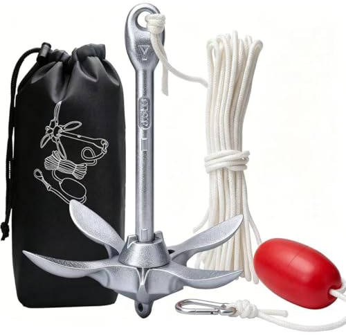 Faltklappanker Anker Klappanker 1.5 kg - Bootsanker Set mit 20 m Ankerleine - SUP Anker faltbar mit Boje und Tasche - Boot Anker für Kajak Kanu Schlauchboot Jetski - Feuerverzinkter Karbonstahl