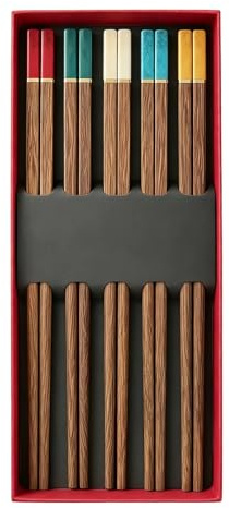 5 Pairs Premium Wooden Chopsticks, Reusable Natural Wenge Wood Chopsticks, Chinese Chopsticks with Imitation Jade Tips, Daily Tableware in Gift Box for Family Dinner, Wedding Birthday Housewarming