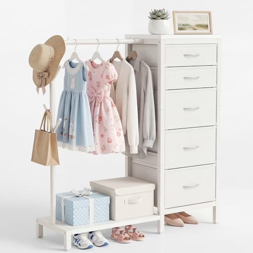 HOMRELEXA Kommode mit Schubladen, Kommode Beige mit 5 Stoff Schubladen, Kleine Kommodeschrank mit Kleiderstange, Kinderkleiderschrank, Stoffkommode für Schlafzimmer Wohnzimmer Flur Kinderzimmer