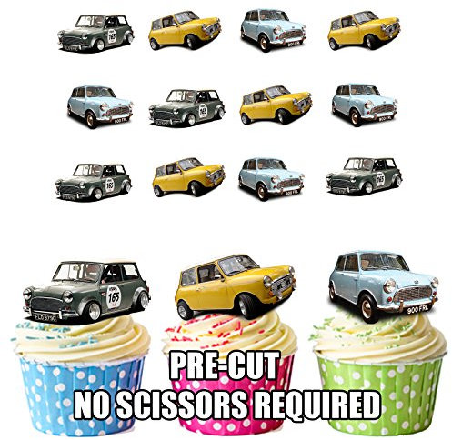 AK Giftshop Vintage Classic Mini Car Mix Cake Decorations - 12 Edible Wafer Cup Cake Toppers